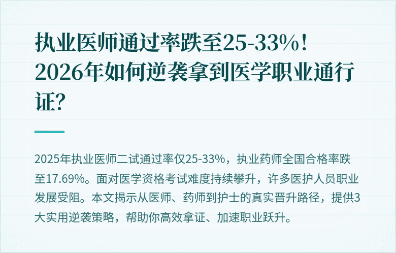 执业医师通过率跌至25-33%！2026年如何逆袭拿到医学职业通行证？