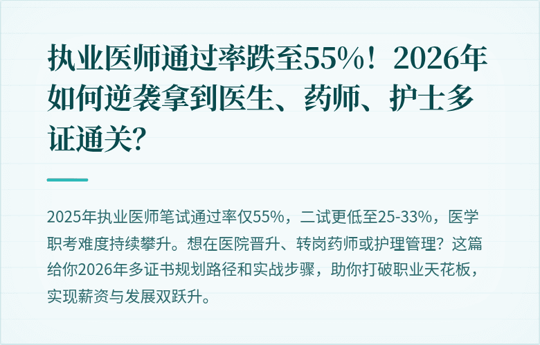 执业医师通过率跌至55%！2026年如何逆袭拿到医生、药师、护士多证通关？