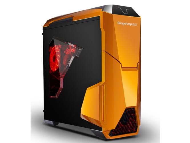 Vibrant orange PC chassis with sci-fi styling