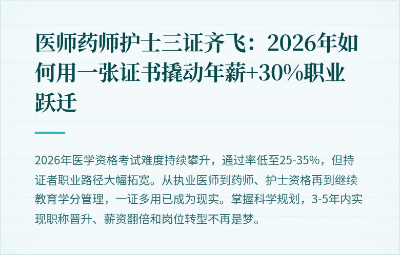 医师药师护士三证齐飞：2026年如何用一张证书撬动年薪+30%职业跃迁