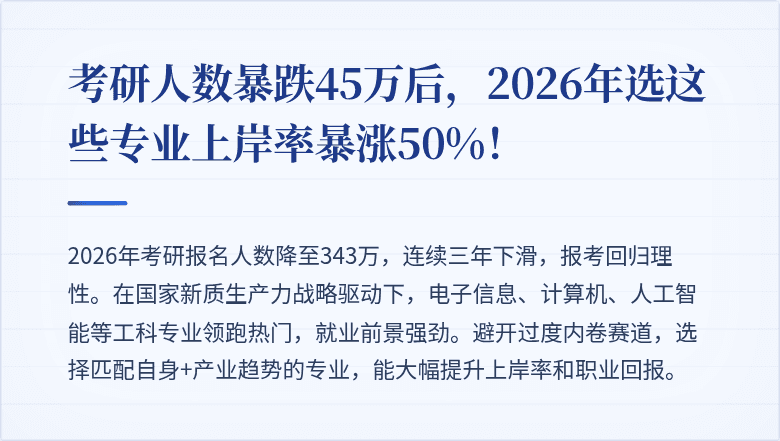 考研人数暴跌45万后，2026年选这些专业上岸率暴涨50%！