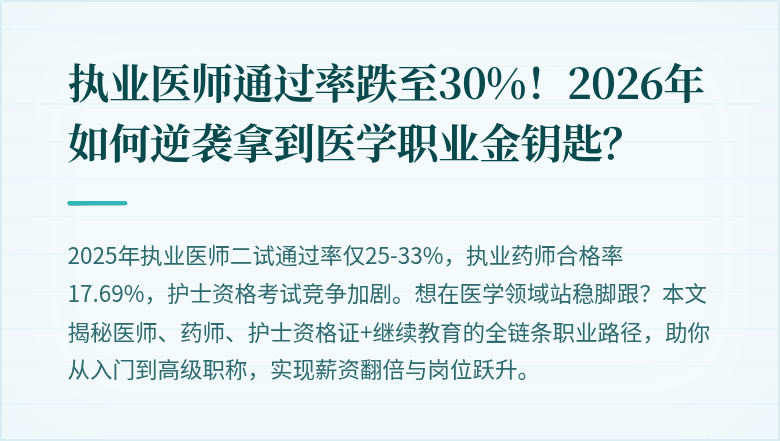 执业医师通过率跌至30%！2026年如何逆袭拿到医学职业金钥匙？