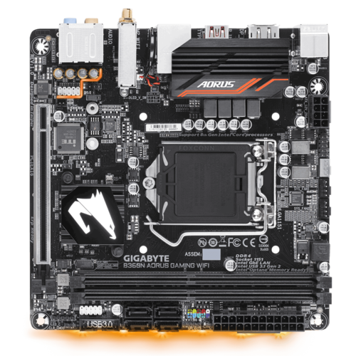 Motherboard close-up with heatsinks and ports