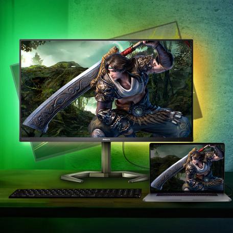 Sleek black monitor on ergonomic desk mount