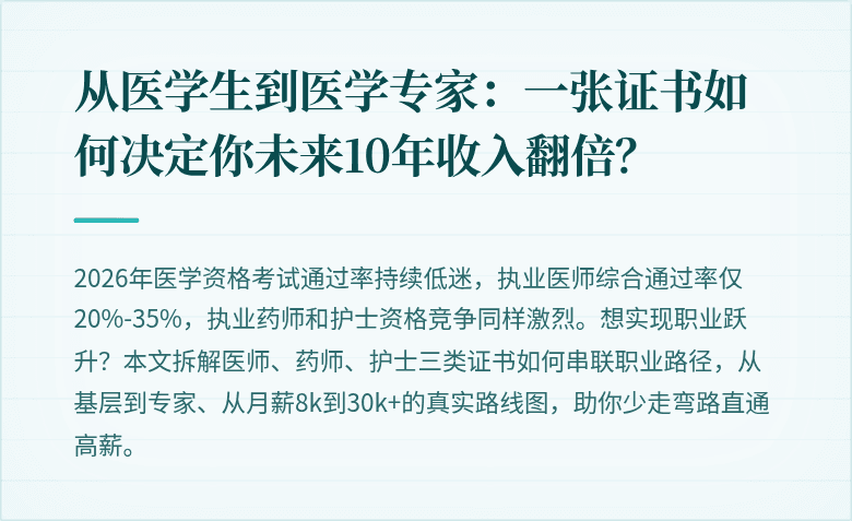 从医学生到医学专家：一张证书如何决定你未来10年收入翻倍？