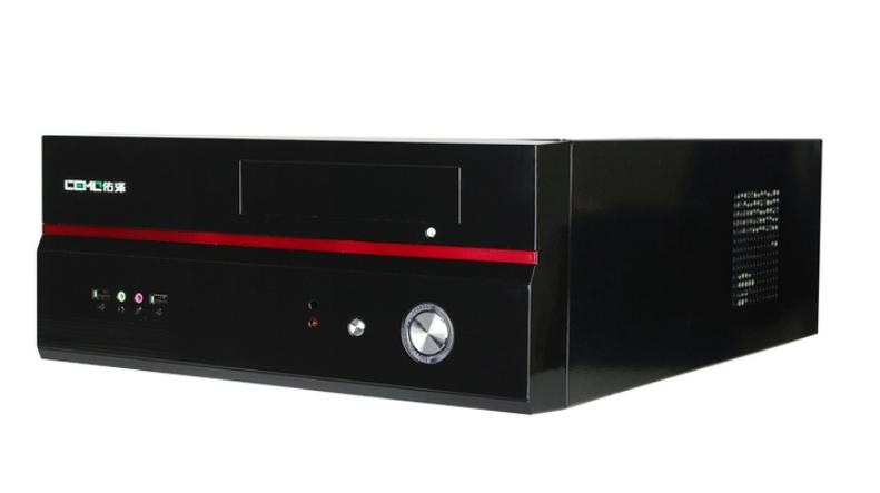 Compact black desktop PC case horizontal placement