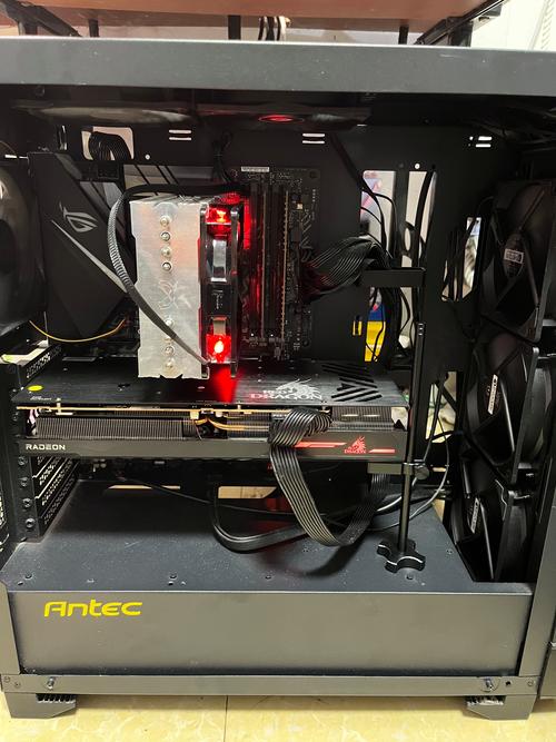 High-performance PC setup with GPU bracket and cooling fan