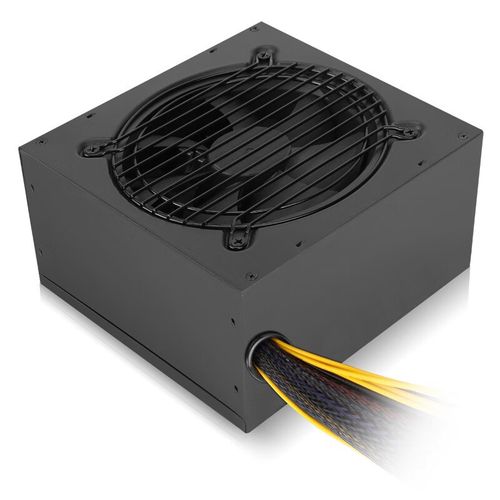 Black computer PSU with visible cables and connectors