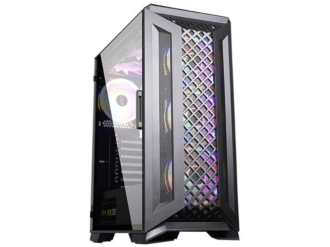 Black computer tower with tempered glass panel showcasing design