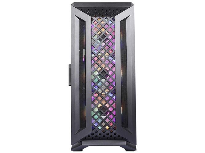 Empty black PC case interior showing drive bays and layout