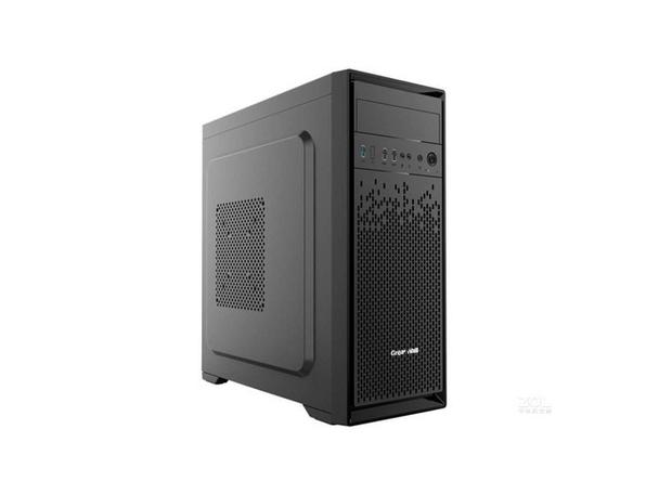 Sleek black PC tower in office setting