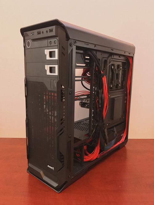 PC case interior with drive bays and cable management