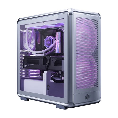 PC case with multiple cooling fans and radiator setup