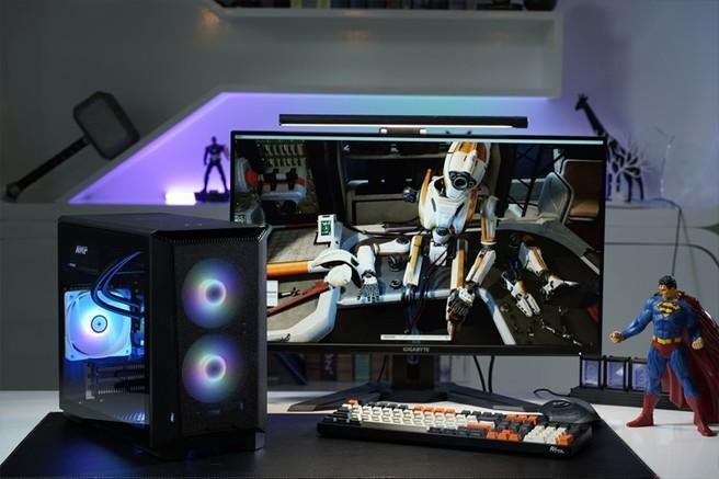 Stylish mini PC case on desk setup