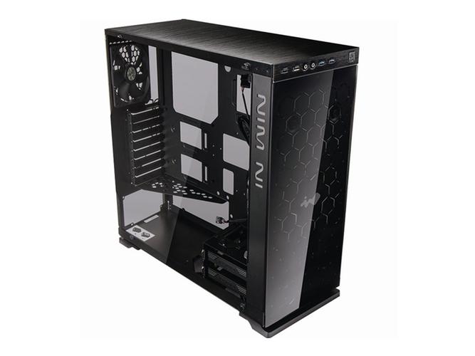 Stylish computer chassis with tempered glass side panel in black and red accents