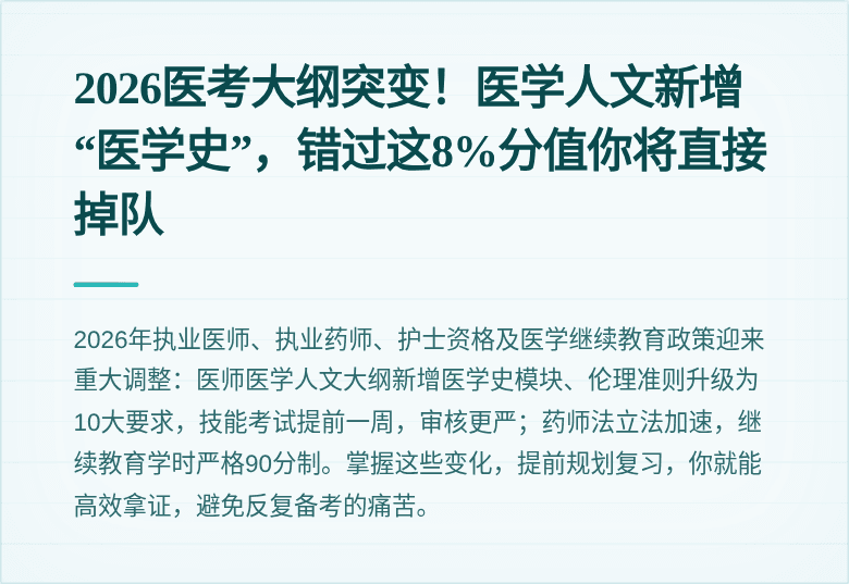2026医考大纲突变！医学人文新增“医学史”，错过这8%分值你将直接掉队