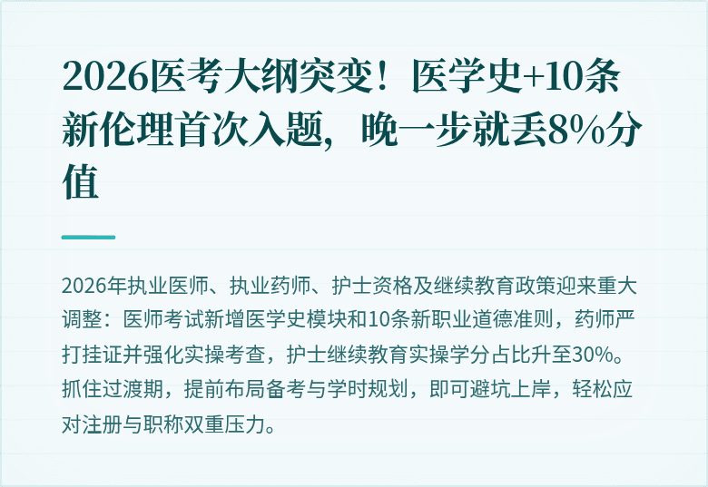2026医考大纲突变！医学史+10条新伦理首次入题，晚一步就丢8%分值