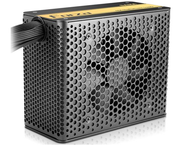 Black computer PSU with cables and hardware details