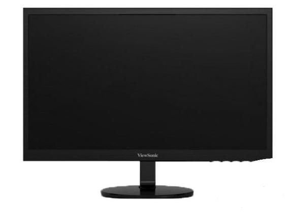 Black computer monitor on office desk setup