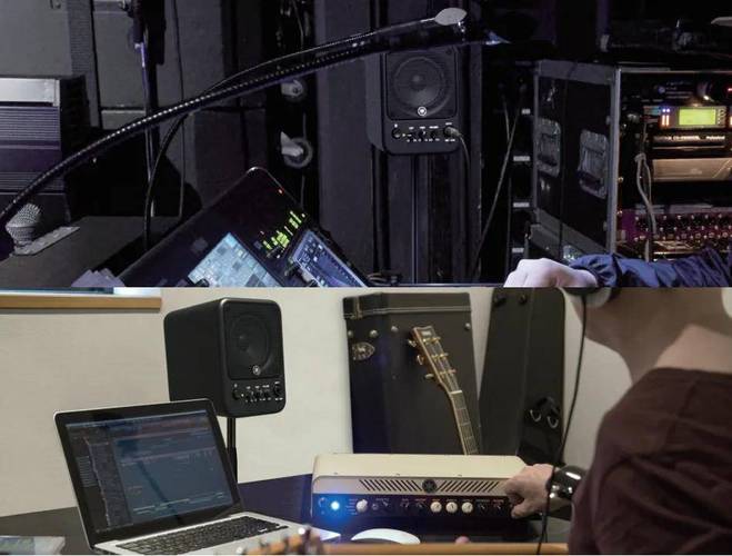 棕色木质音箱摆放在电脑桌面