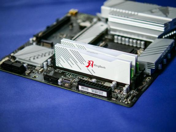 内存条特写，显示白色马甲和细节纹理