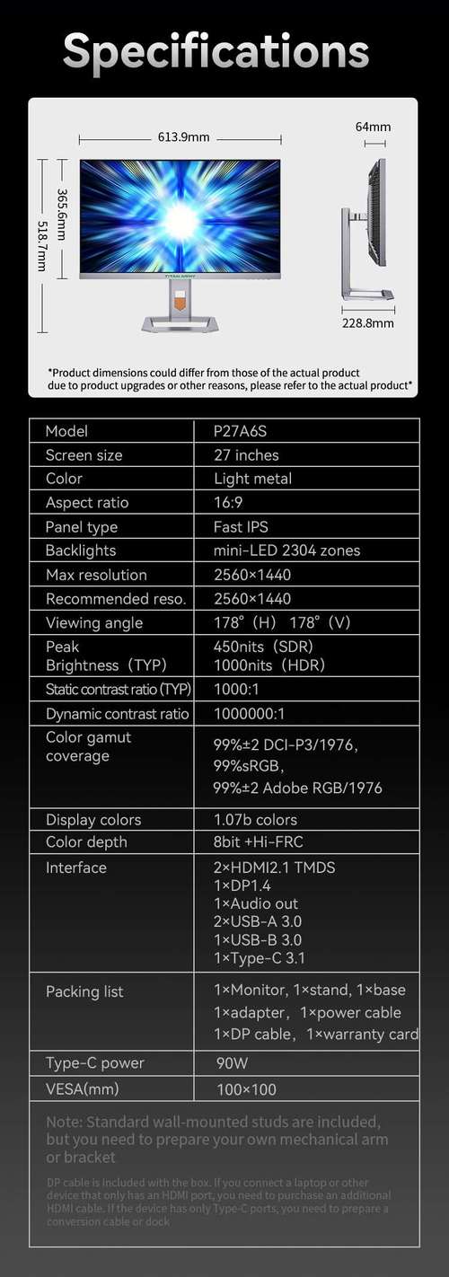 Computer monitor specifications and technical details on a desk