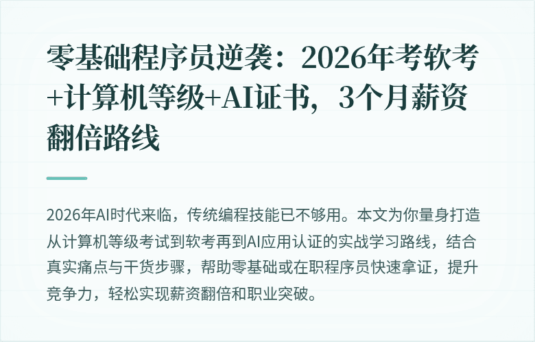 零基础程序员逆袭：2026年考软考+计算机等级+AI证书，3个月薪资翻倍路线