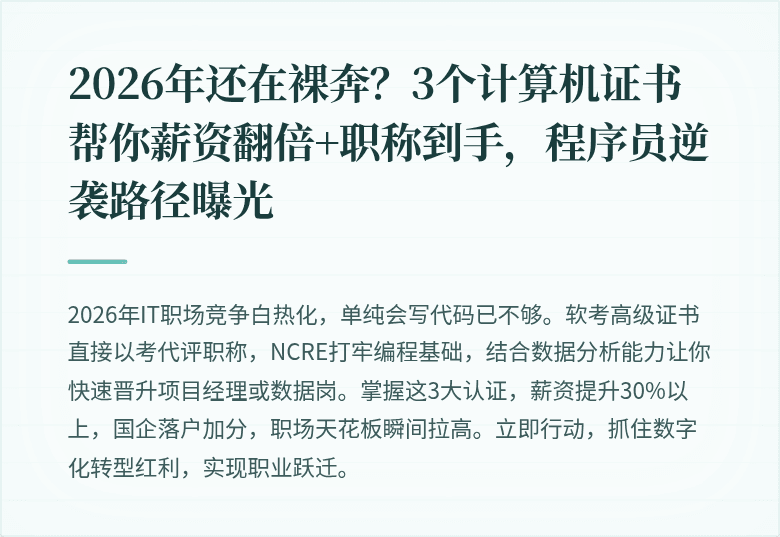 2026年还在裸奔？3个计算机证书帮你薪资翻倍+职称到手，程序员逆袭路径曝光