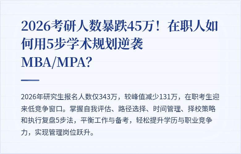 2026考研人数暴跌45万!在职人如何用5步学术规划逆袭MBA/MPA?