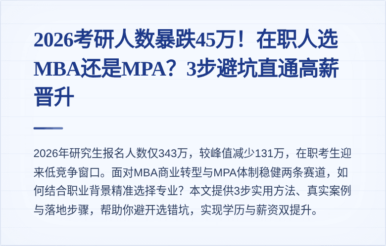 2026考研人数暴跌45万!在职人选MBA还是MPA?3步避坑直通高薪晋升