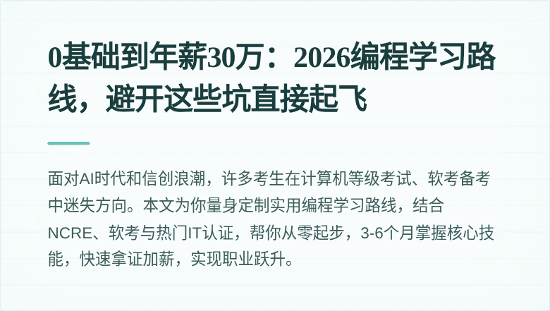 0基础到年薪30万：2026编程学习路线，避开这些坑直接起飞