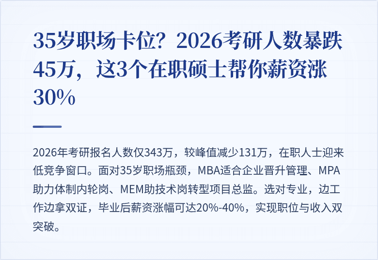 35岁职场卡位？2026考研人数暴跌45万，这3个在职硕士帮你薪资涨30%