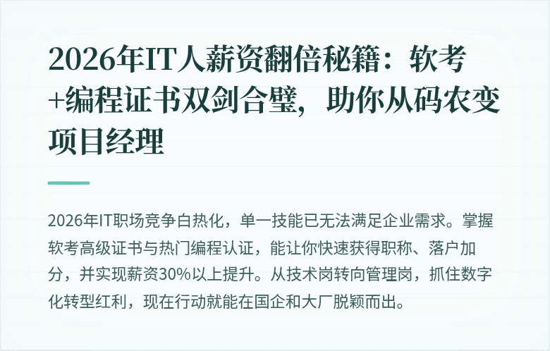 2026年IT人薪资翻倍秘籍：软考+编程证书双剑合璧，助你从码农变项目经理
