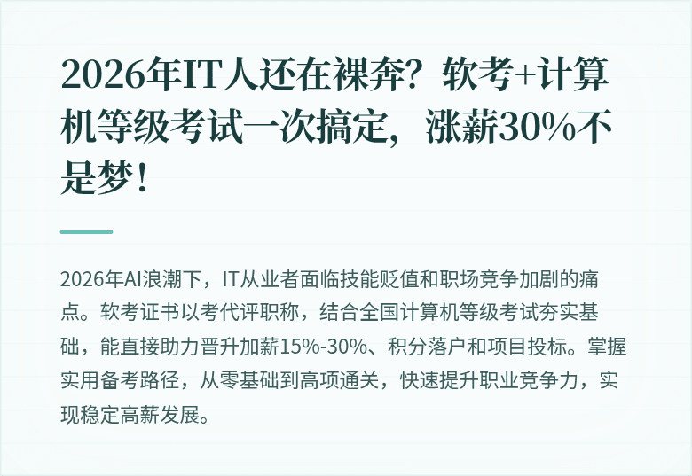 2026年IT人还在裸奔？软考+计算机等级考试一次搞定，涨薪30%不是梦！