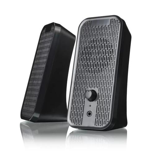 Close-up of small black audio speaker with knobs