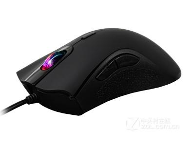 Wired black gaming mouse on desk surface