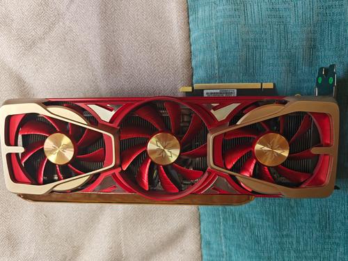 Graphics card close-up showing circuit board and cooling fins