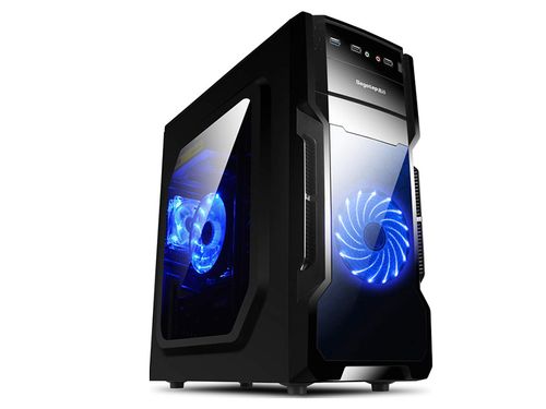 Empty black PC case interior with drive bays