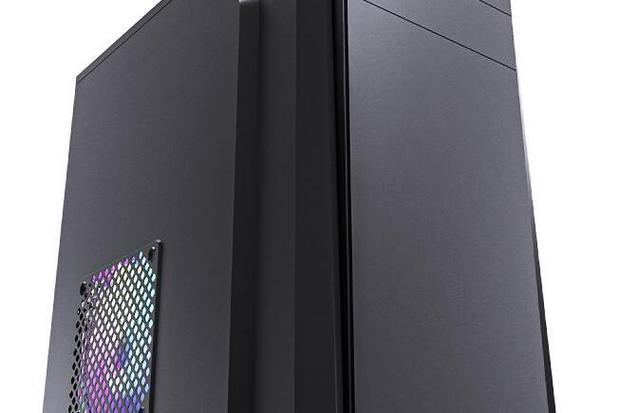 Black PC case on table showing front design