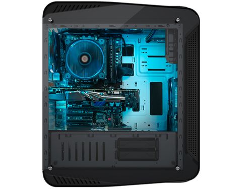 Gaming PC case with visible expansion slots and cable management