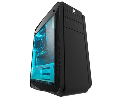 Sleek black PC case exterior view with modern industrial design