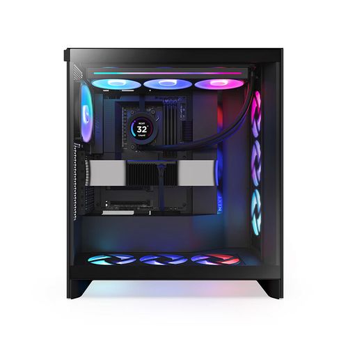 PC case interior with colorful RGB components and hardware layout