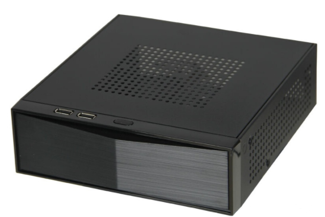 Compact black HTPC case on desk