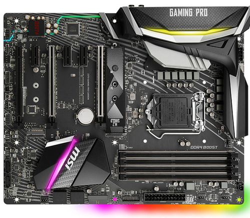 Gaming motherboard close-up with RGB and carbon fiber style design