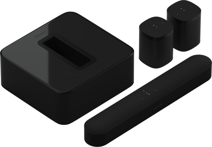 SONOS Beam soundbar in home theater setup playing music