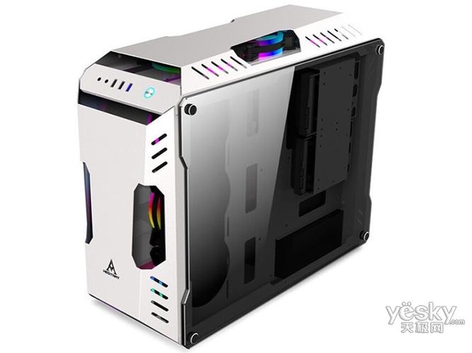 Inside a computer case with graphics card and fans