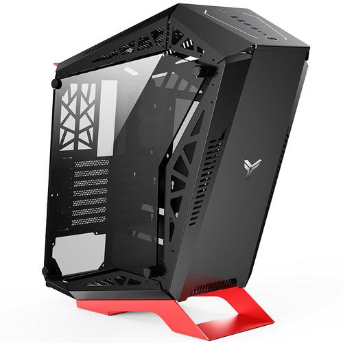 Modern black computer tower with glass panels showcasing premium design