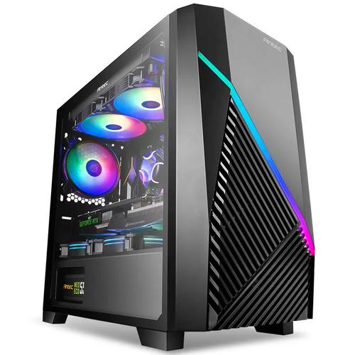 Empty black PC case interior showing drive bays and layout
