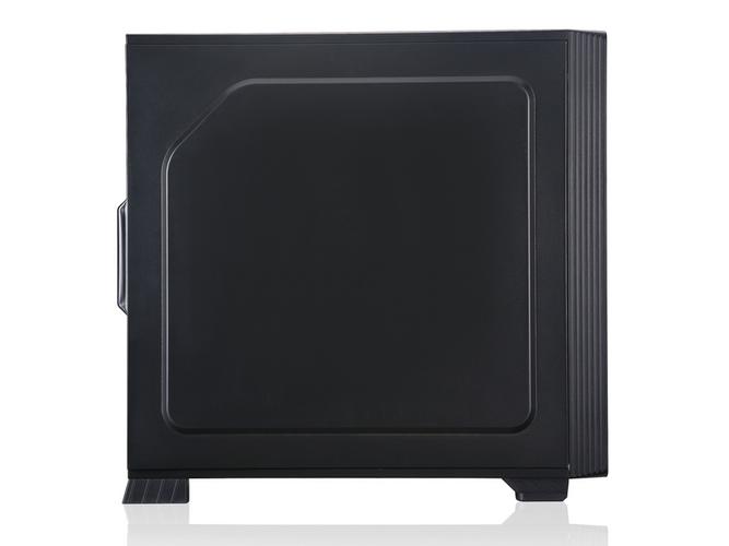 Computer components inside black case with fans