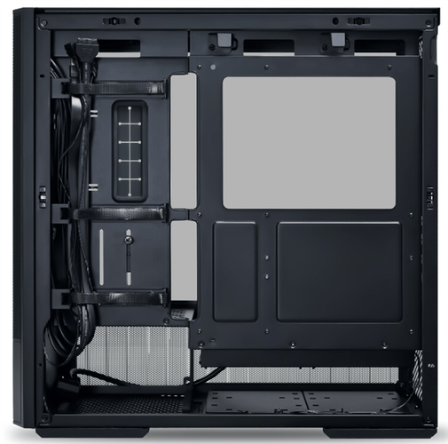 Modern PC case with tempered glass side panel showing RGB lighting